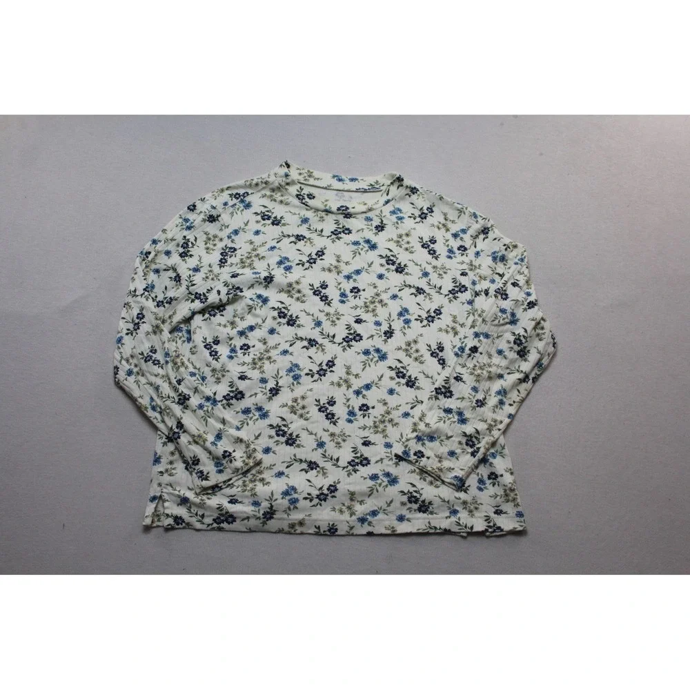 Old Navy Floral Top Women Large White Excellent Ribbed Long Sleeve Crewneck